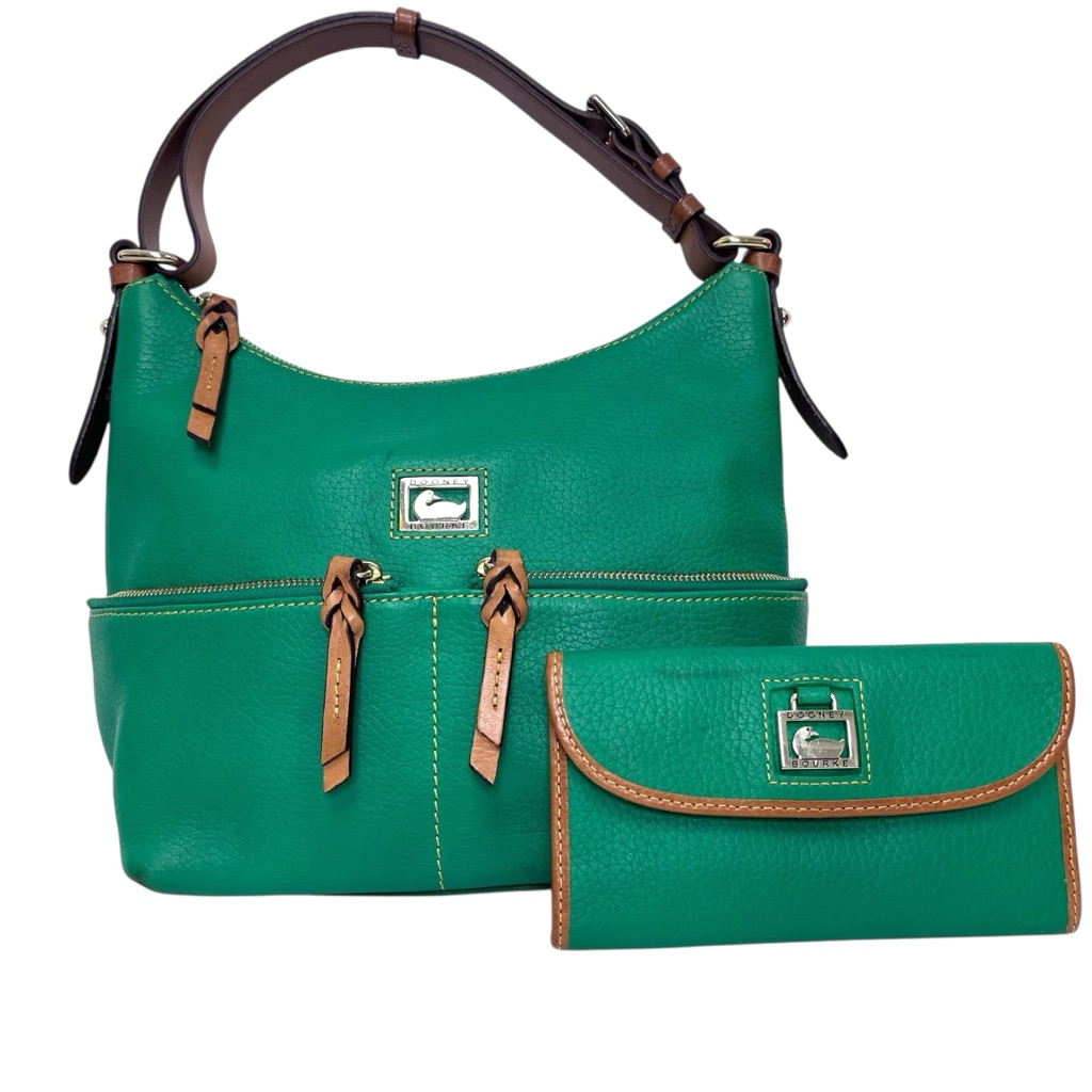 Dooney & Bourke Vtg Kelly Green Pebbled Leather Shoulder Bag And Matching Wallet
